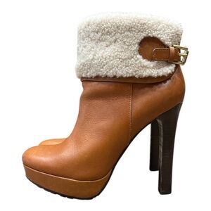 Coach Shearling Boots Apple Leather High Heels Luggage Brown Size 7.5B